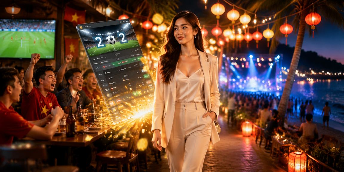 Người dùng xem kèo bóng đá đêm tại khu chợ đêm Phú Quốc trên điện thoại